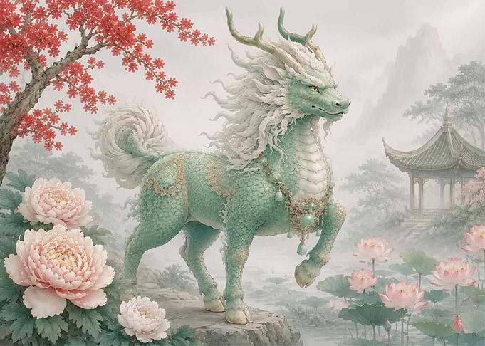 Mythical Green Dragon-Horse with Flowers