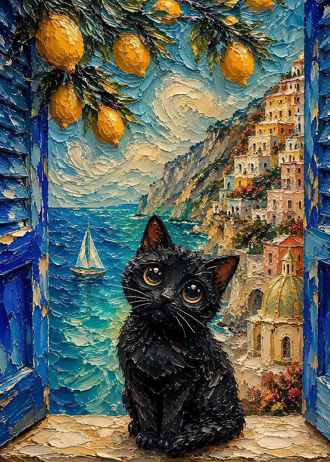 Black Cat in Positano Window
