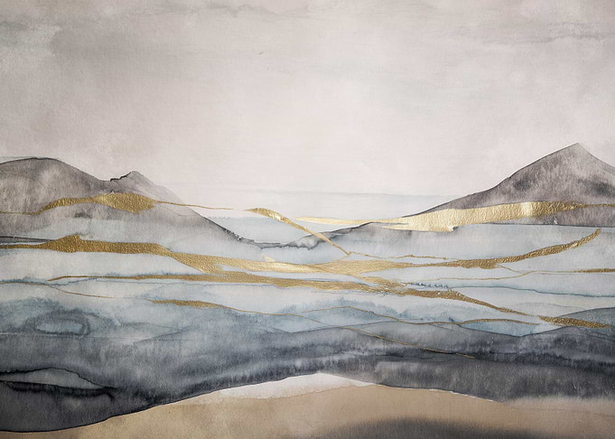 Abstract Watercolor Landscape with Gold Accents