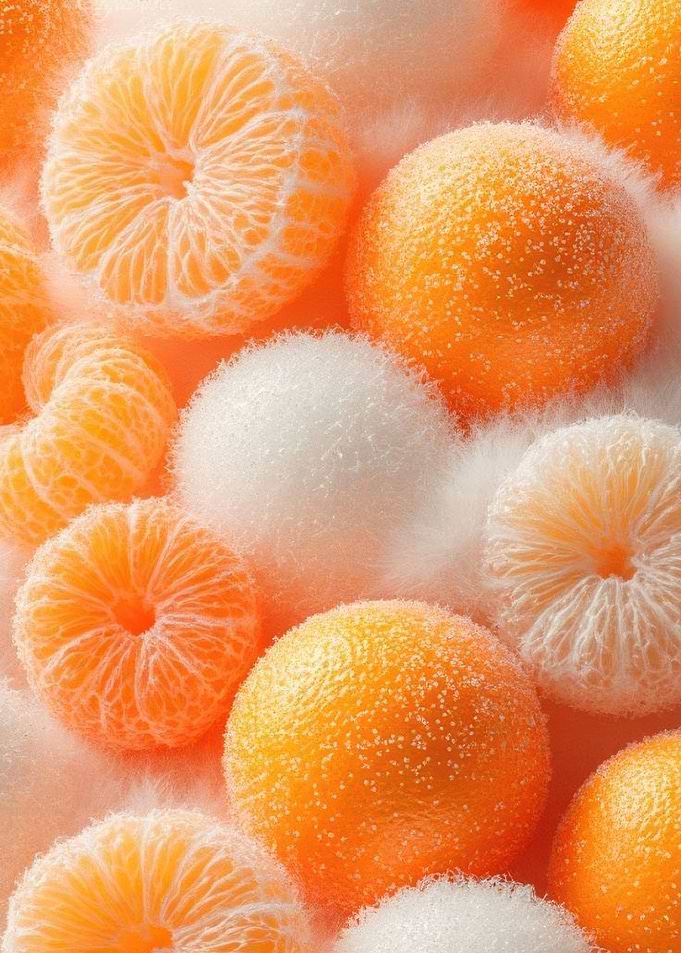 Close-up of tangerines and white fluff