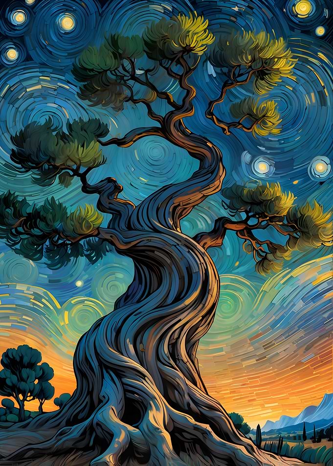 Twisted Tree Under Starry Sky