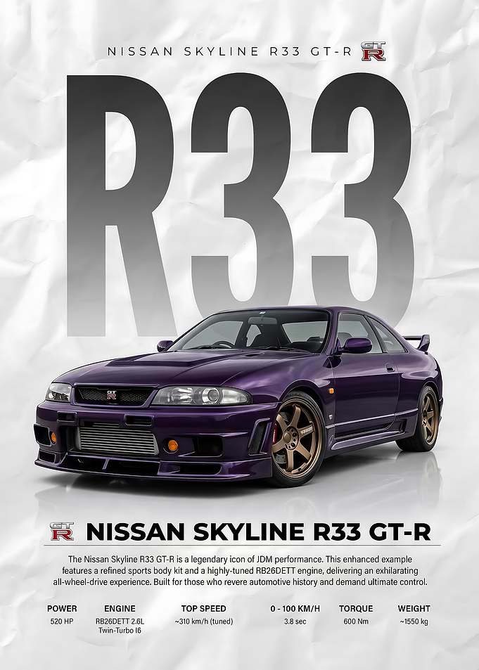 purple sleek Nissan Skyline R33 GT-R Poster