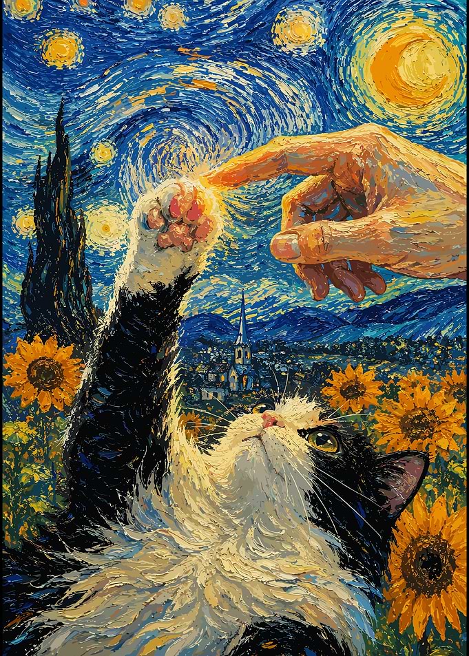 Cat and Hand in Starry Night