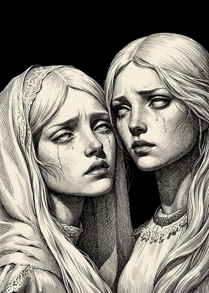 Two crying women in vintage style