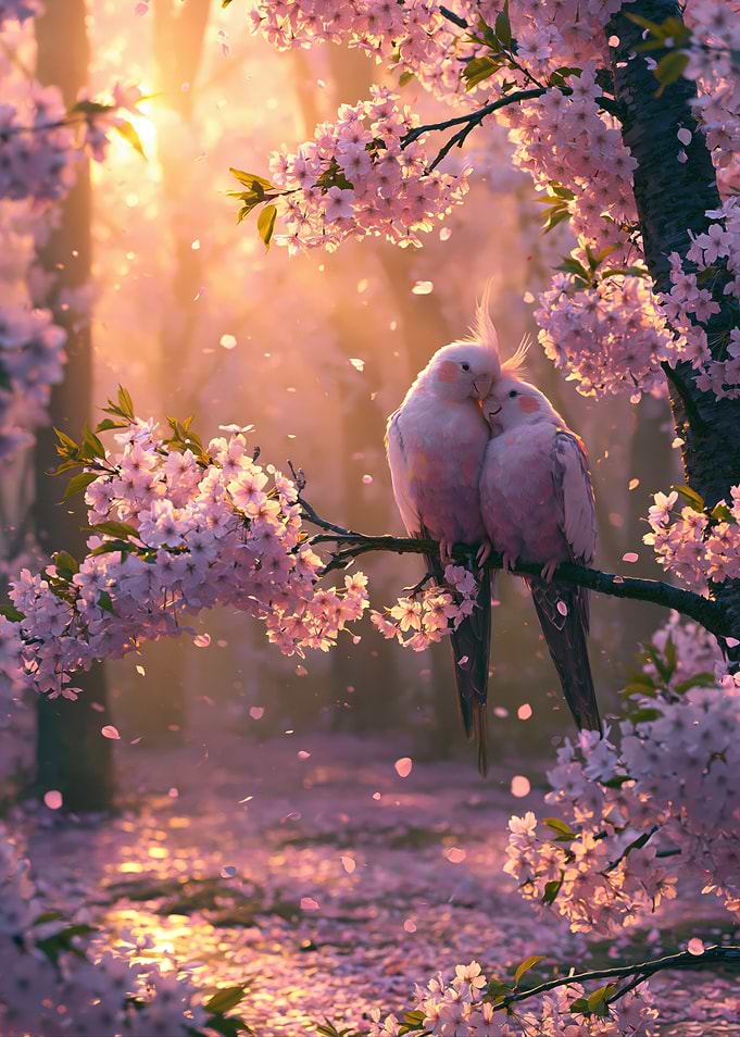 Two Cockatiels in Cherry Blossoms