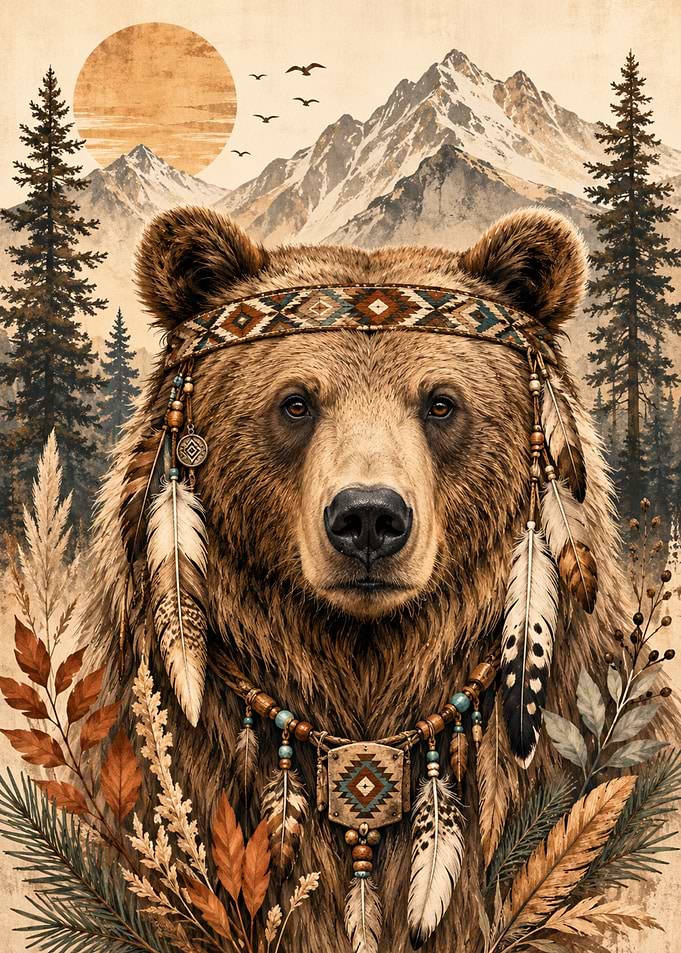 Tribal Bear in Mountain Landscape
