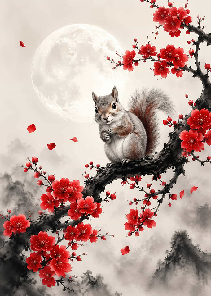 Squirrel on Cherry Blossom Branch