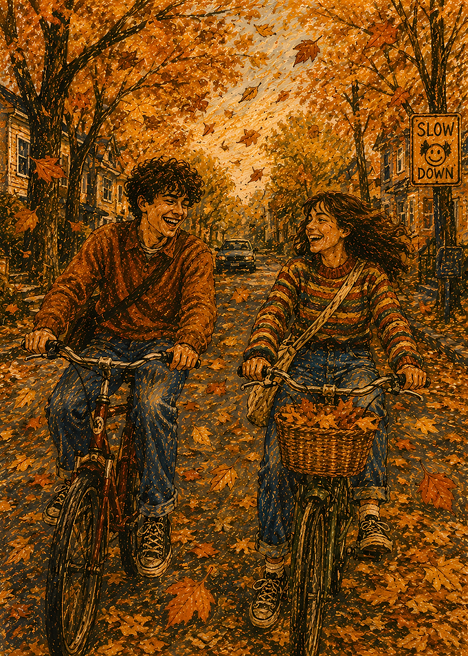 Couple biking through autumn leaves