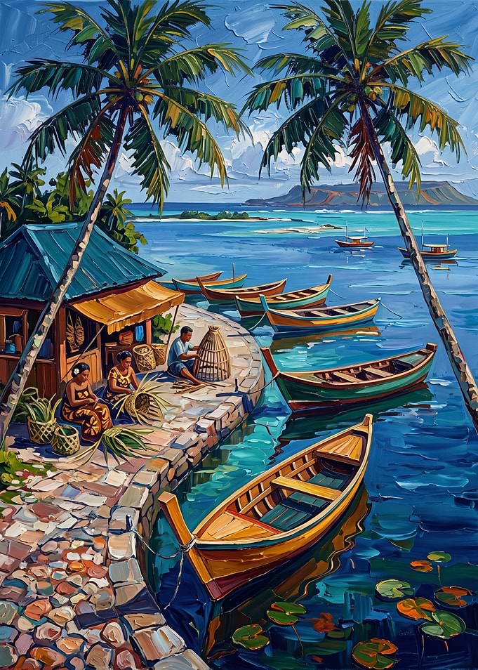 Tropical Island Village Scene