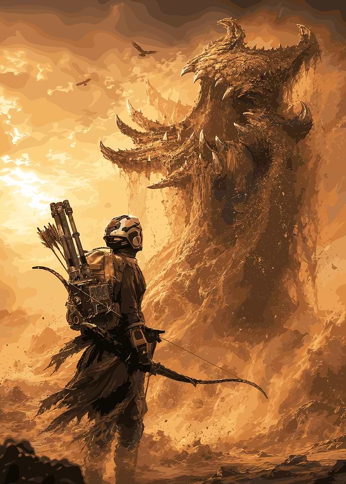Warrior facing a giant monster