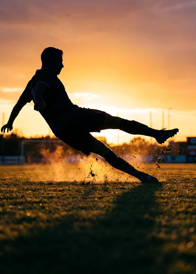 Soccer Player Kicking Ball at Sunset