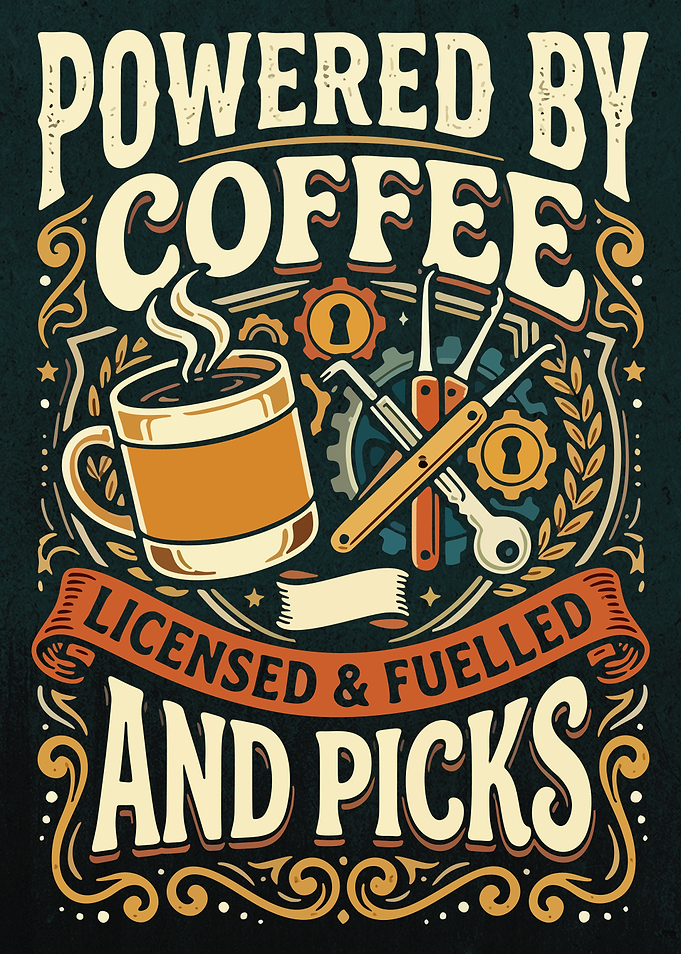 Powered by Coffee and Picks, funny locksmith quote