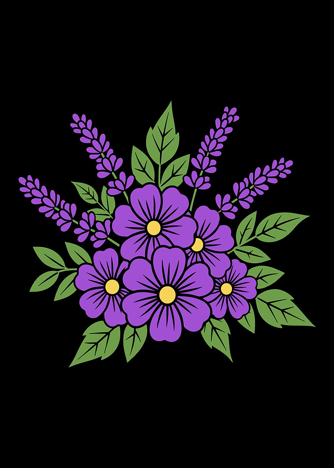 colorful purple bouquet flowers lavender floral sprigs green leaves cute design cool graphic