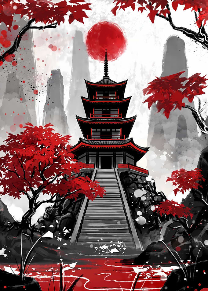 Japanese Pagoda with Red Sun and Maple Leaves