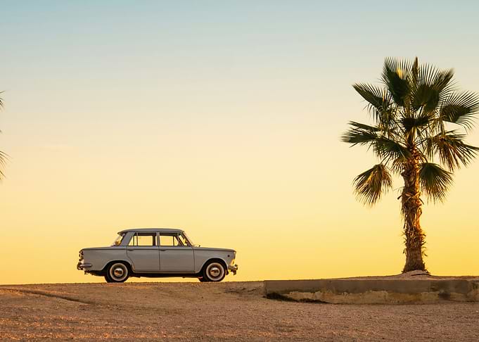 Vintage Car and Palm Tree at Sunset