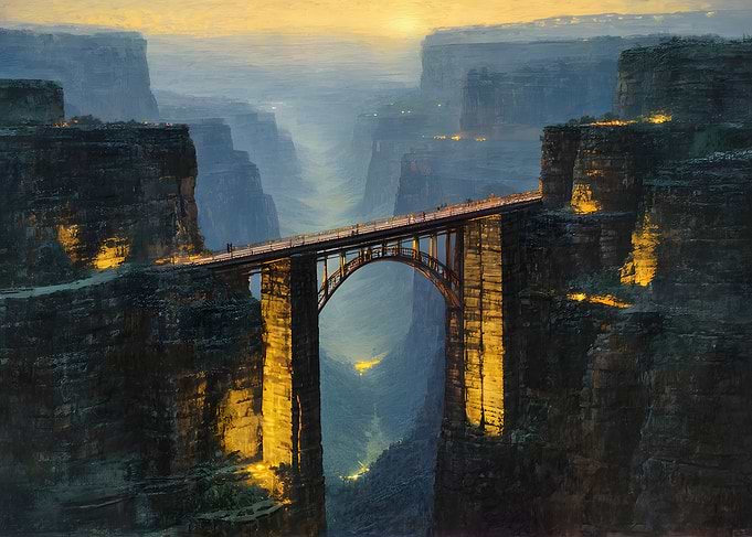 Bridge over a deep canyon at dusk