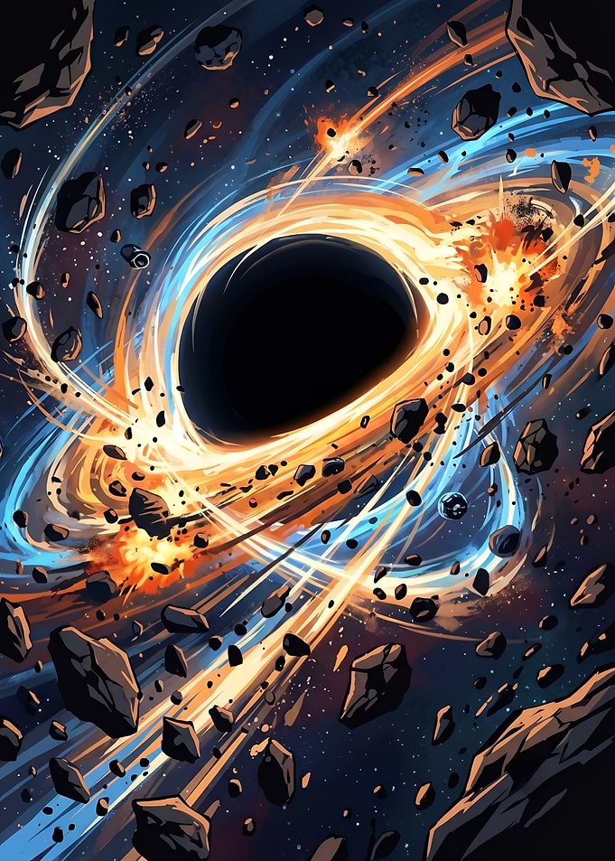 Cosmic Black Hole and Swirling Space Asteroids