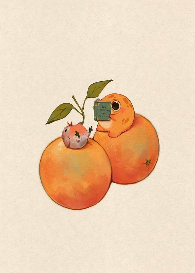 Cute characters reading a book on oranges