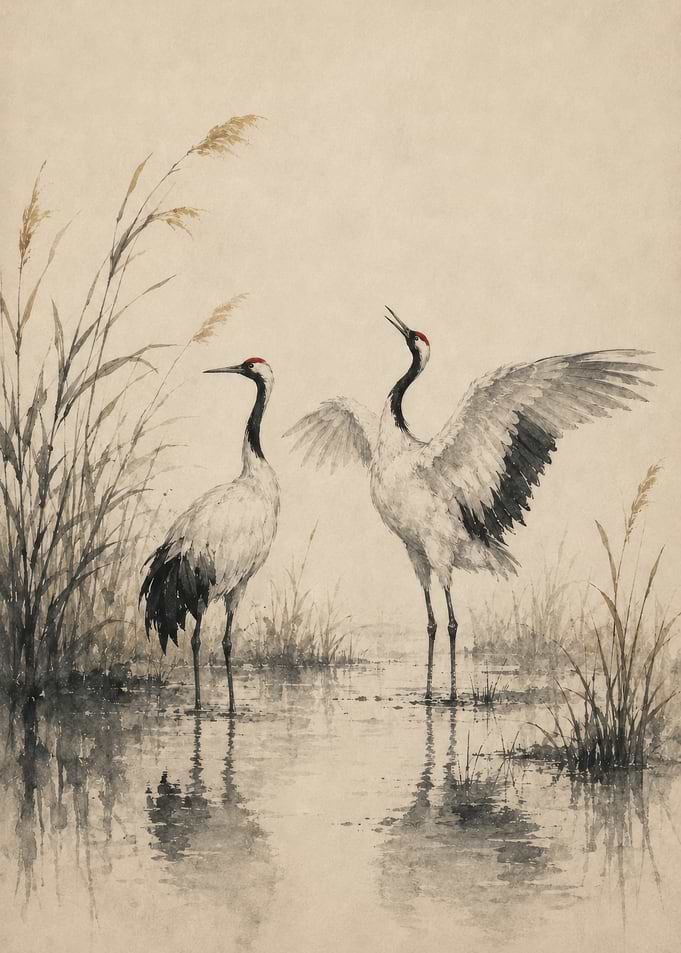 Two Cranes in Water with Reeds