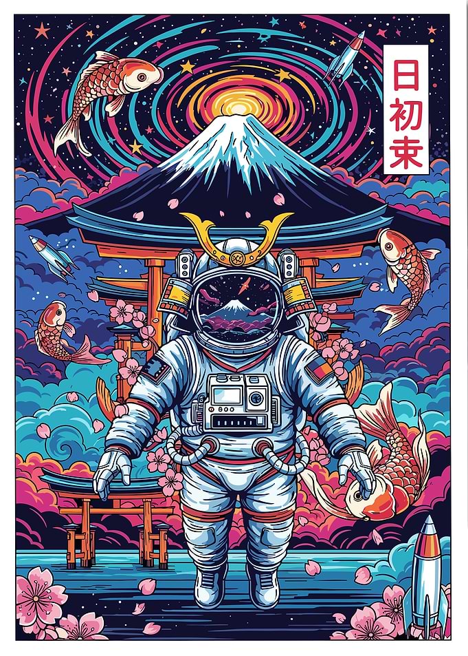 Astronaut Samurai with Mount Fuji and Koi