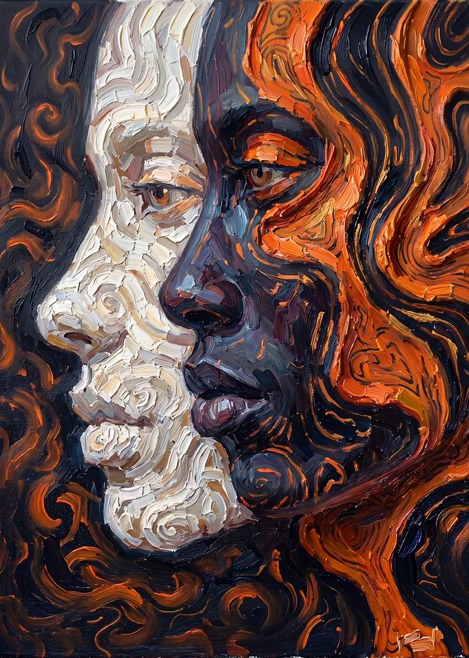 Dual-Faced Portrait with Swirling Hair