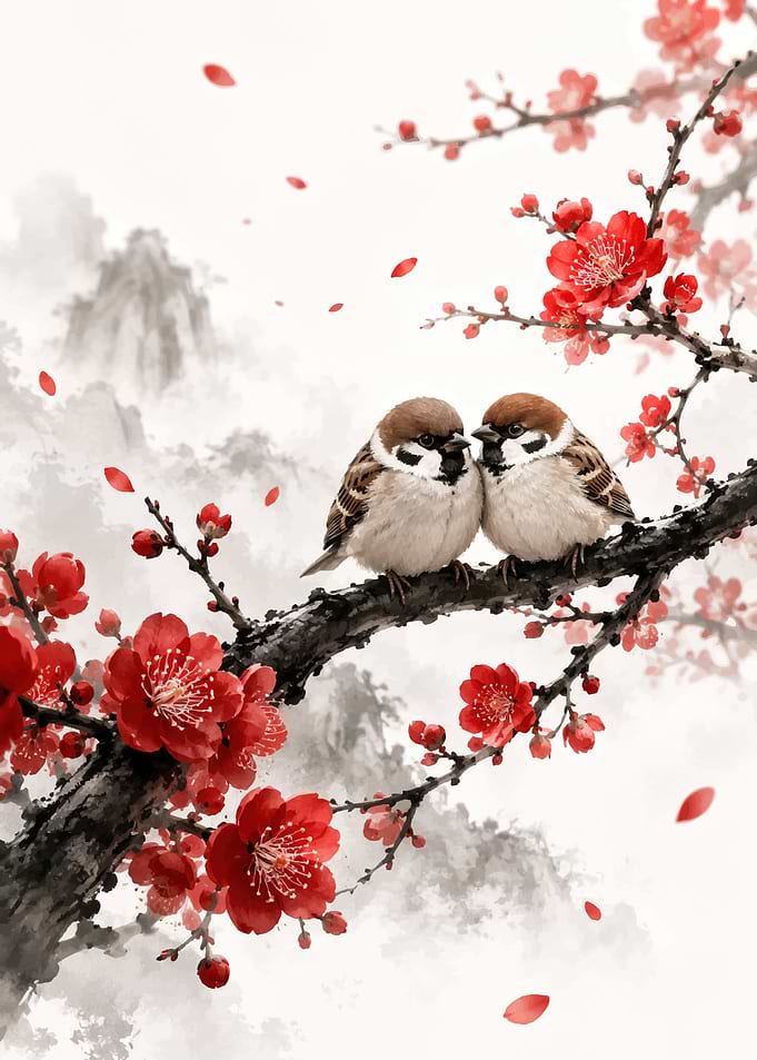Two Sparrows on a Plum Blossom Branch