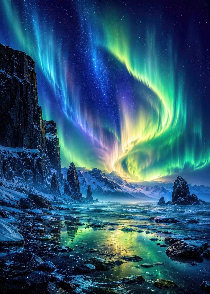 Aurora Borealis Over Snowy Landscape