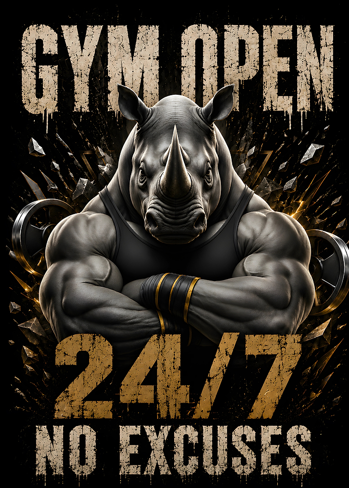 Rhinoceros Gym Open 24/7 No Excuses Grungy