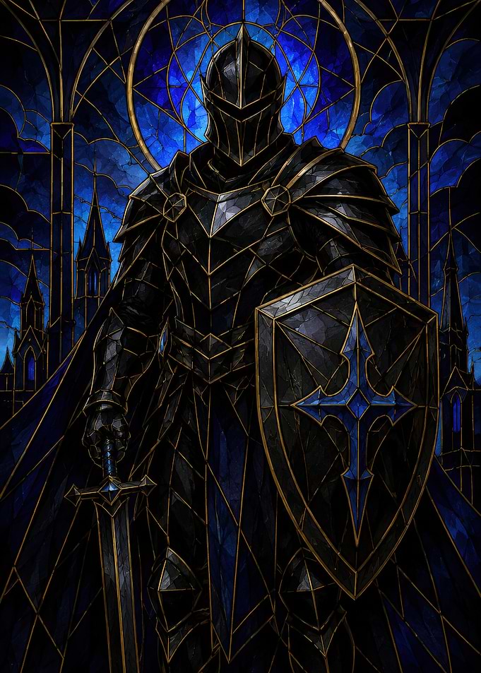 Stained Glass Knight with Sword and Shield