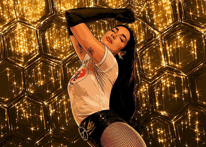 Woman in Glittering Hexagonal Background