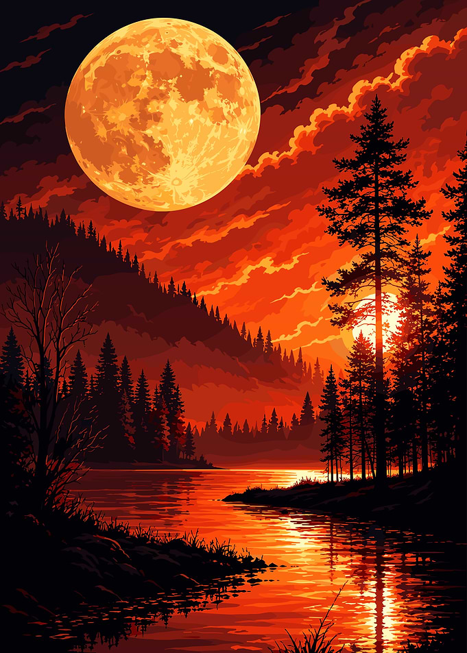 Fiery Sunset Over Forest Lake