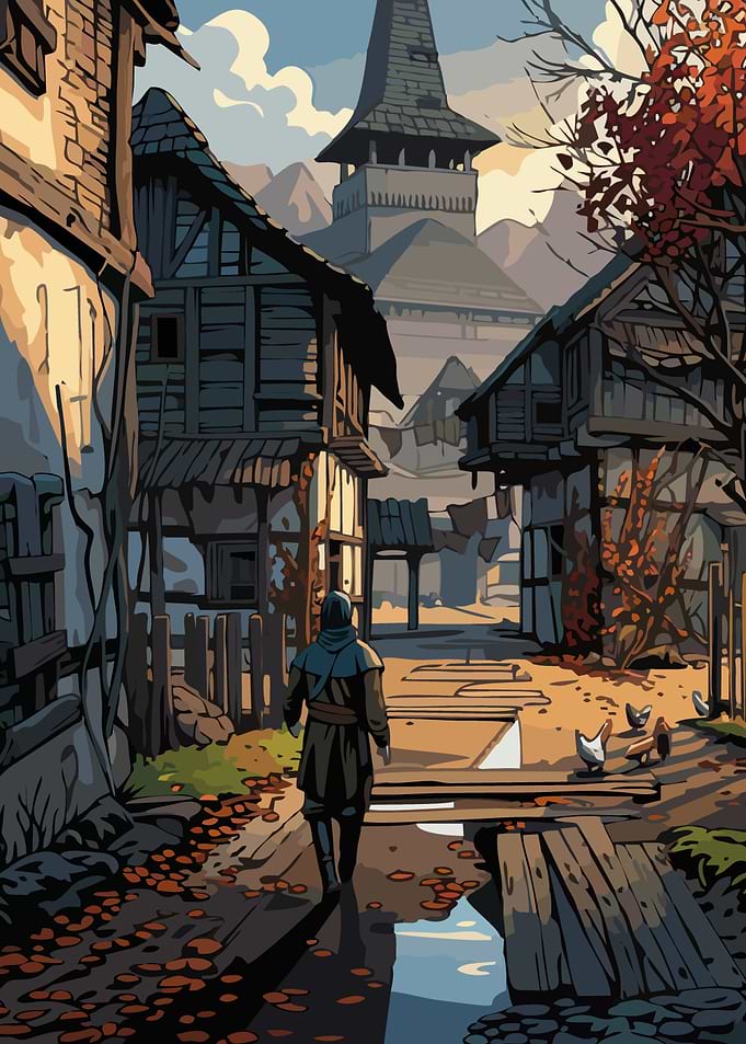 Medieval Village Scene with Traveler
