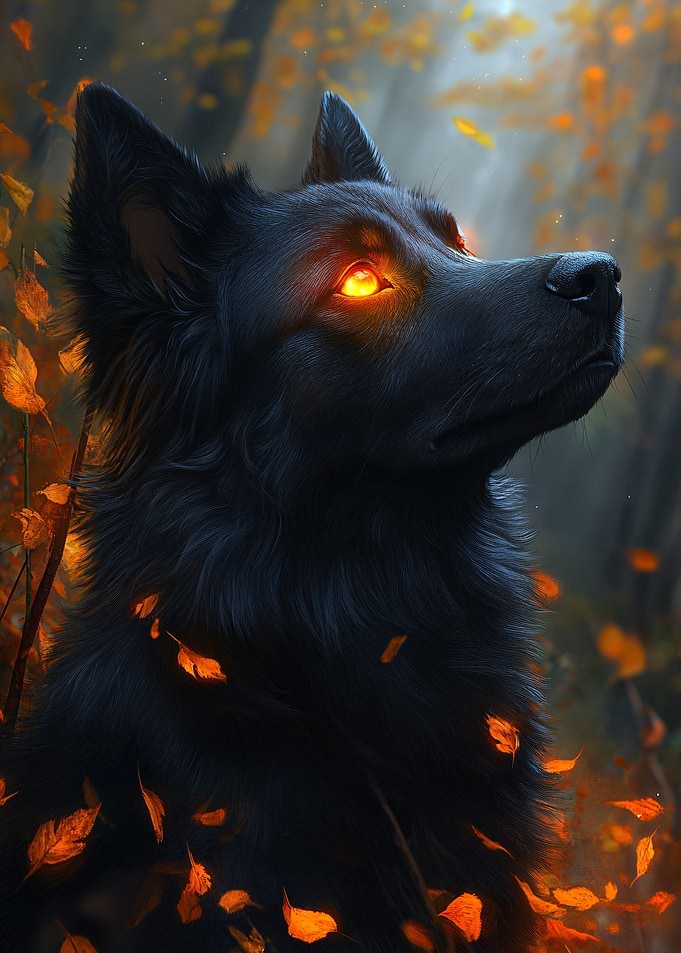 Black wolf with glowing eyes in autumn forest