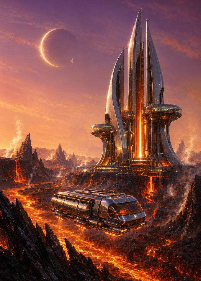 Futuristic Cityscape with Lava River