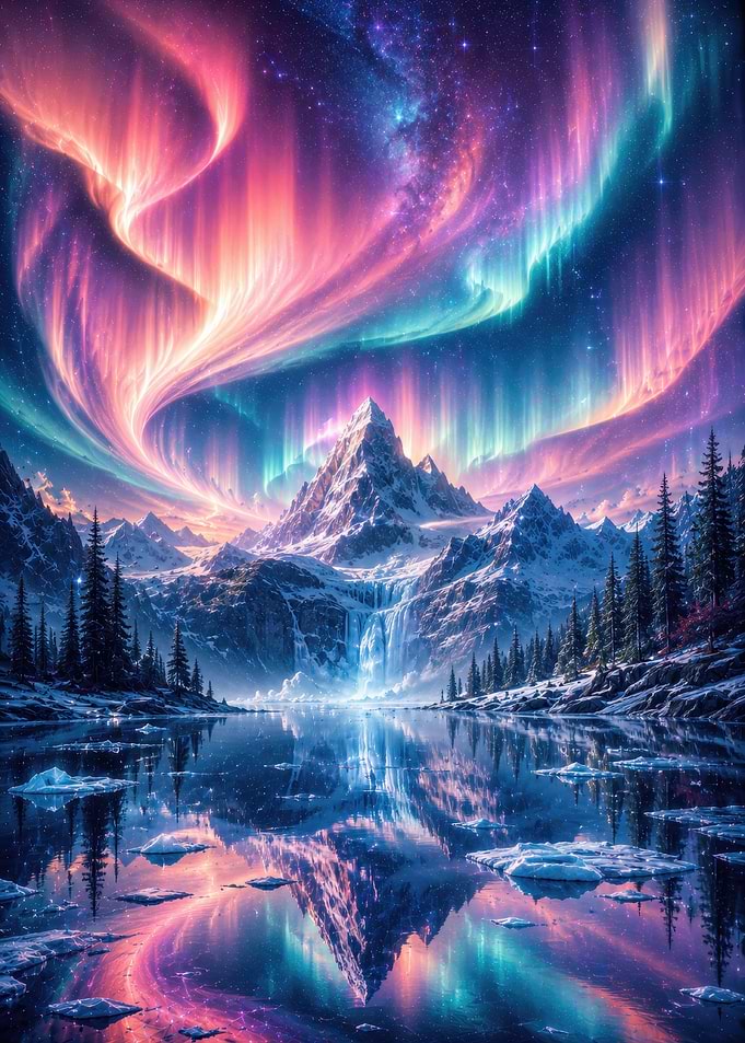 Aurora Borealis Over Snowy Mountains