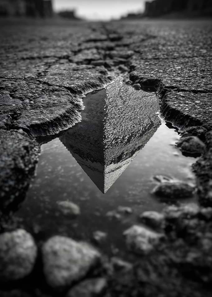 Egyptian Pyramid Cracked Ground Puddle Street Reflection