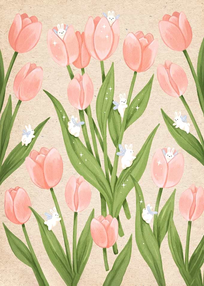 Cute Bunnies in Pink Tulips