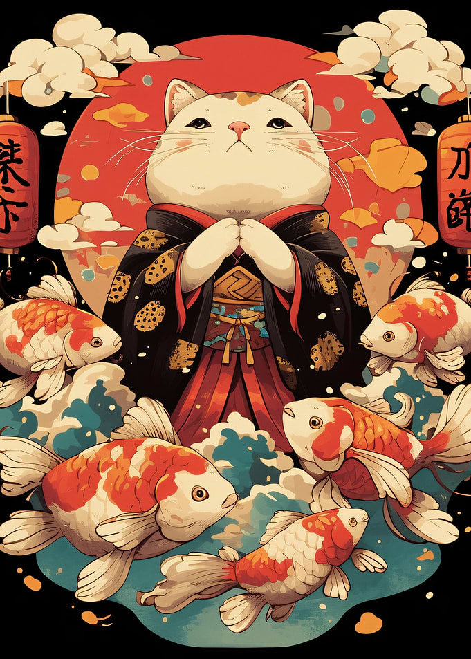 Cat in Kimono with Koi Fish