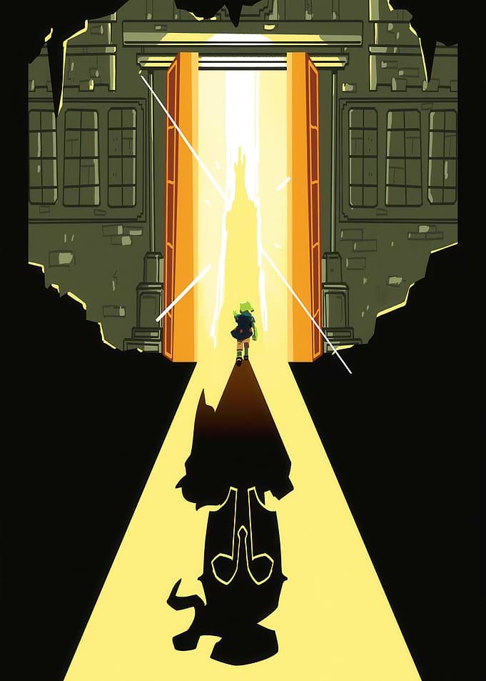 Character entering a glowing portal
