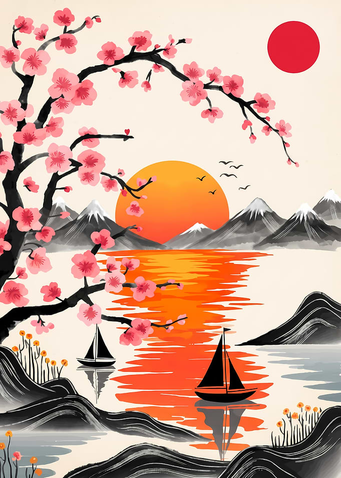 Japanese Sunset with Cherry Blossoms and Sailboats