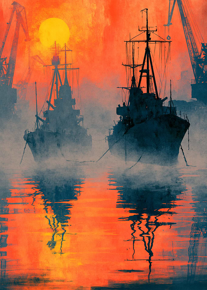 Twilight Naval Harbor in Fiery Orange Mist
