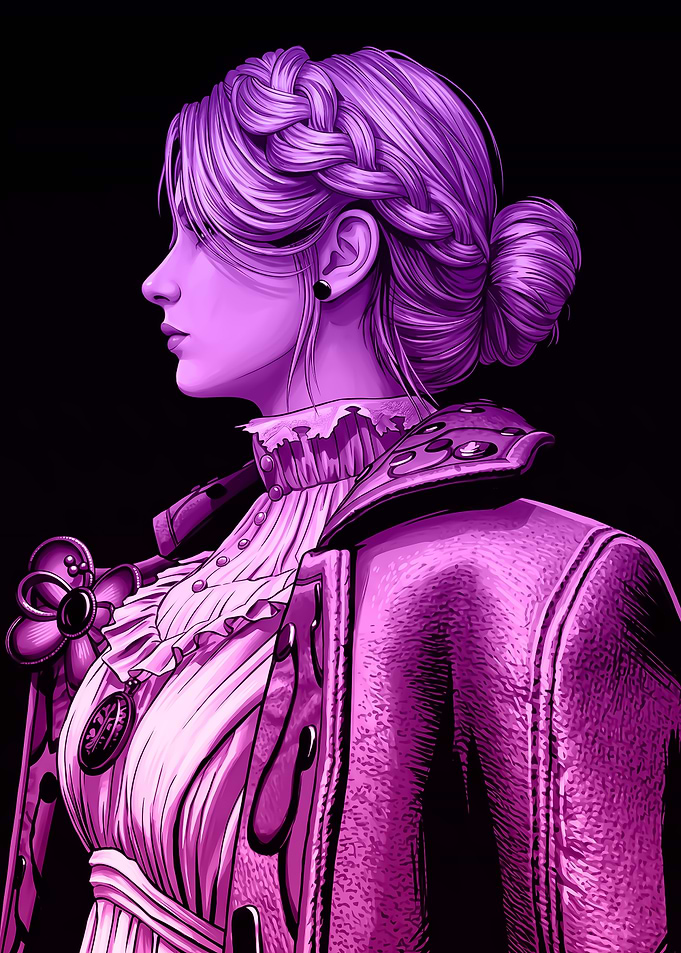 Purple Haired Woman in Victorian Attire
