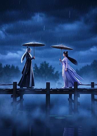 Two figures in the rain on a bridge