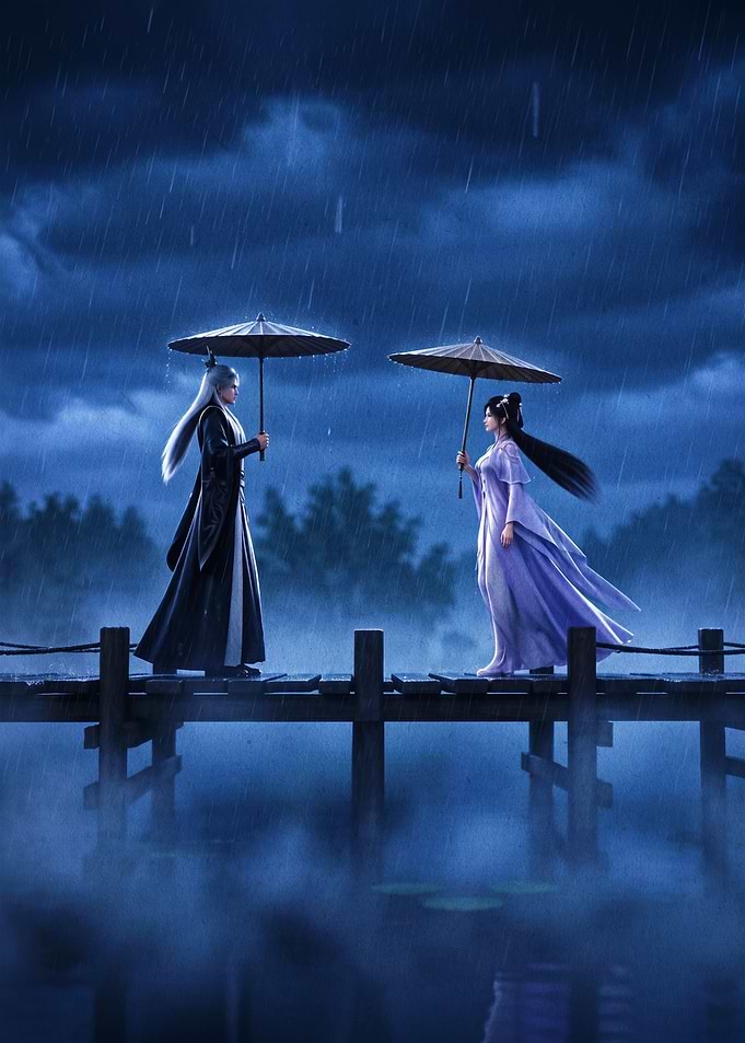 Two figures in the rain on a bridge