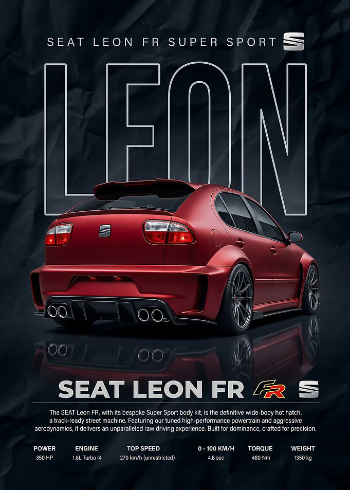 sleek red SEAT Leon FR Super Sport car poster