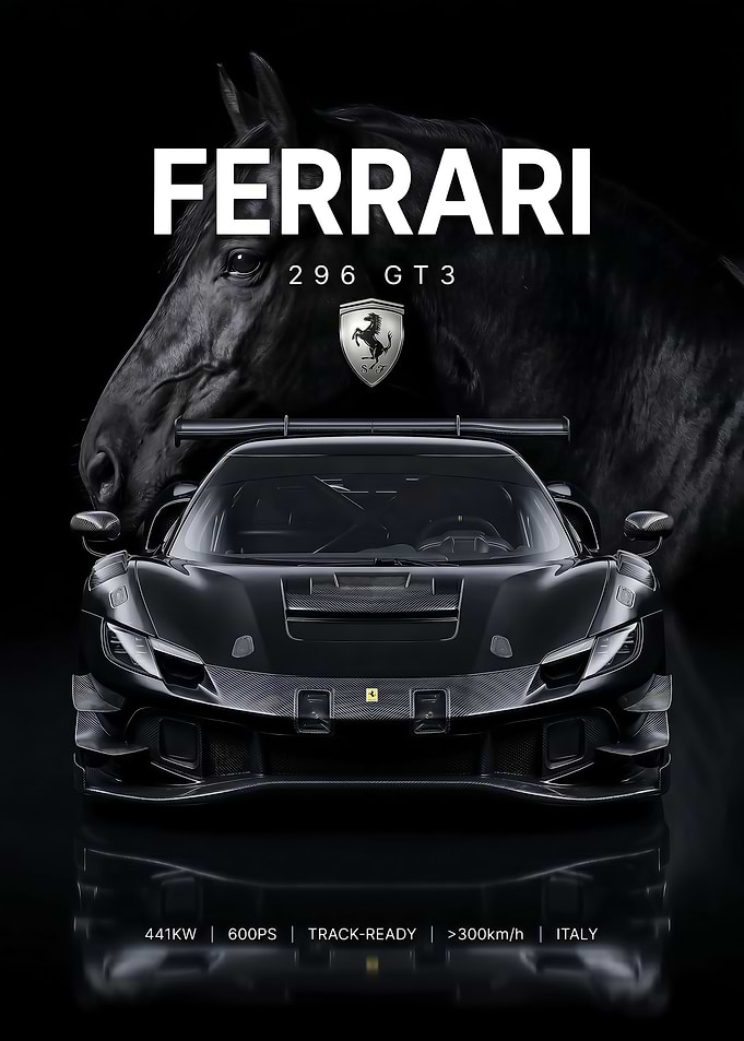 sleek black Ferrari 296 GT3 with black Horse poster