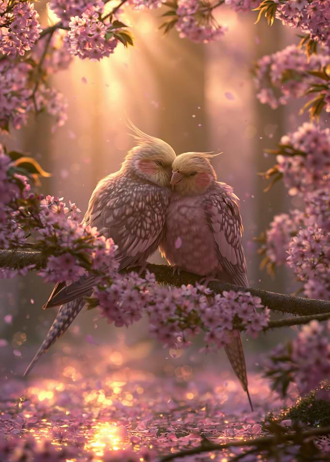 Two Cockatiels in Cherry Blossoms