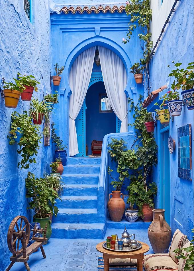 Blue Moroccan Courtyard with Plants