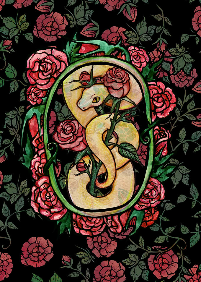Snake and Roses Illustration