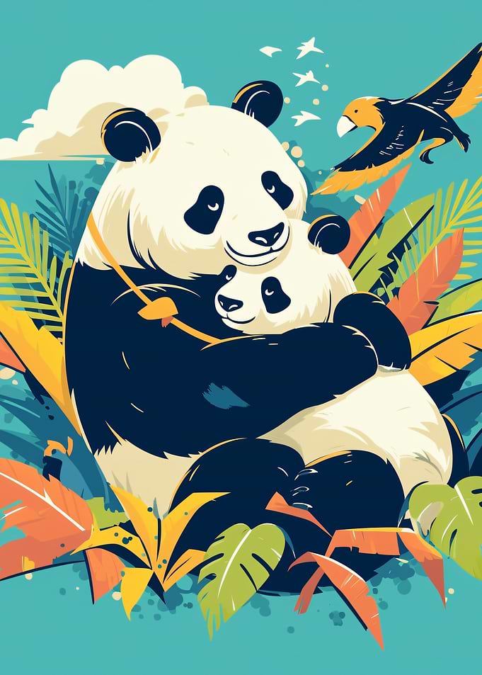 Mother and baby panda hug